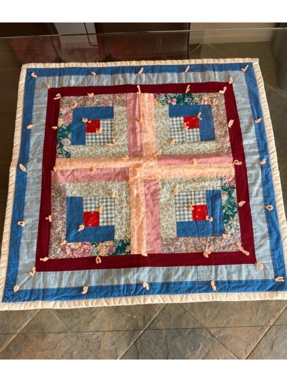 Handmade Patchwork Quilted Baby Blanket Log Cabin Pattern